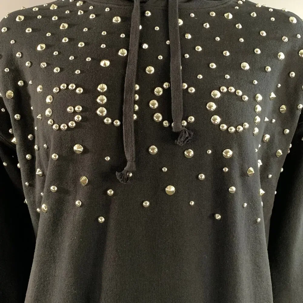 GUCCI Size XL Black Studded Cotton Hooded Sweatshirt